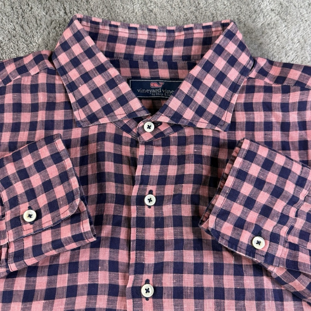 Vineyard Vines Mens XL 100% Linen Shirt Pink Navy Gingham Check Murray Shirt